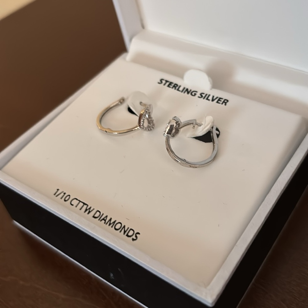 Sterling Silver Diamond Hoop heart Earrings ❤️ - Picture 3 of 6